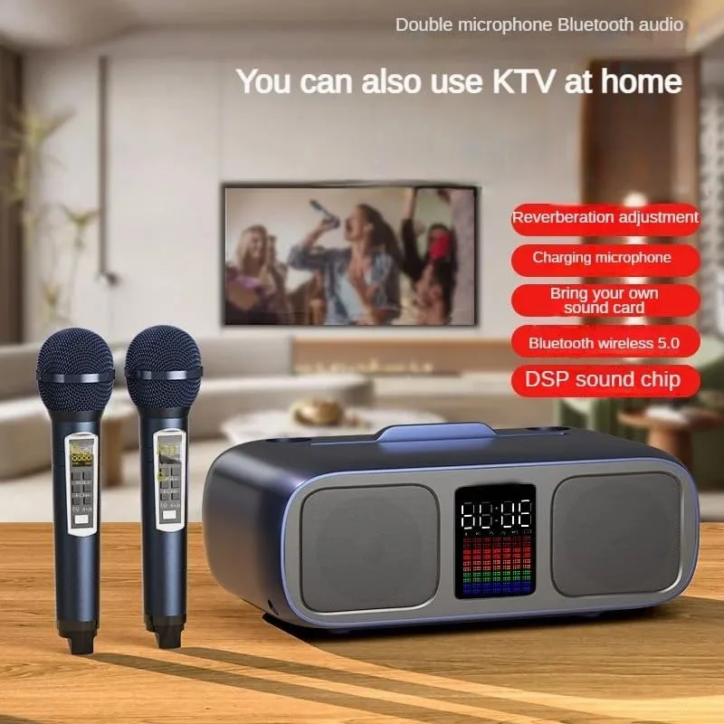 اسپیکر کارائوکه S39 با دو بلندگو، دو میکروفون بی‌سیم، قابلیت اتصال به موبایل و تلویزیون (خاکستری)