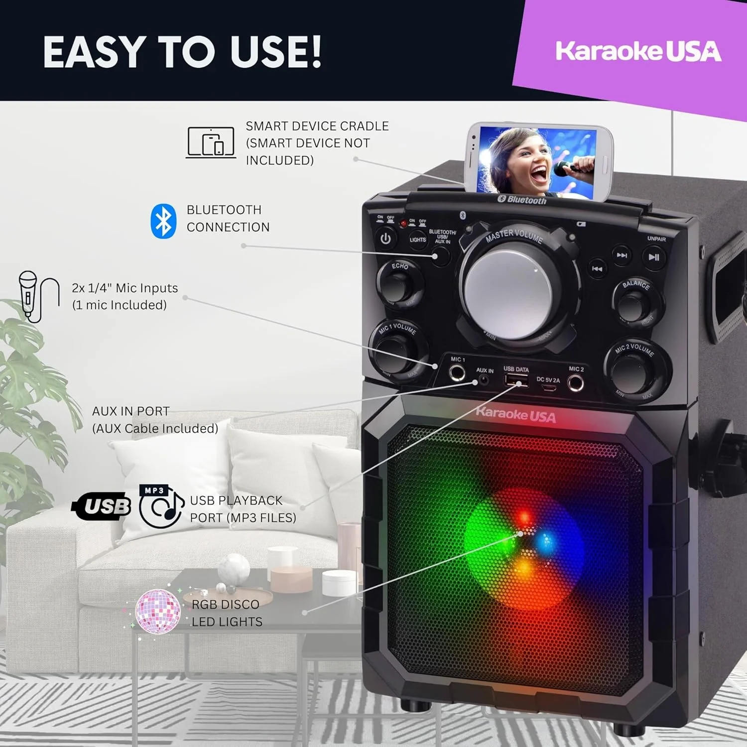 دستگاه کارائوکه قابل حمل MP3 Karaoké USA با بلوتوث، سیستم صوتی PA و باتری داخلی (GQ410)، مشکی