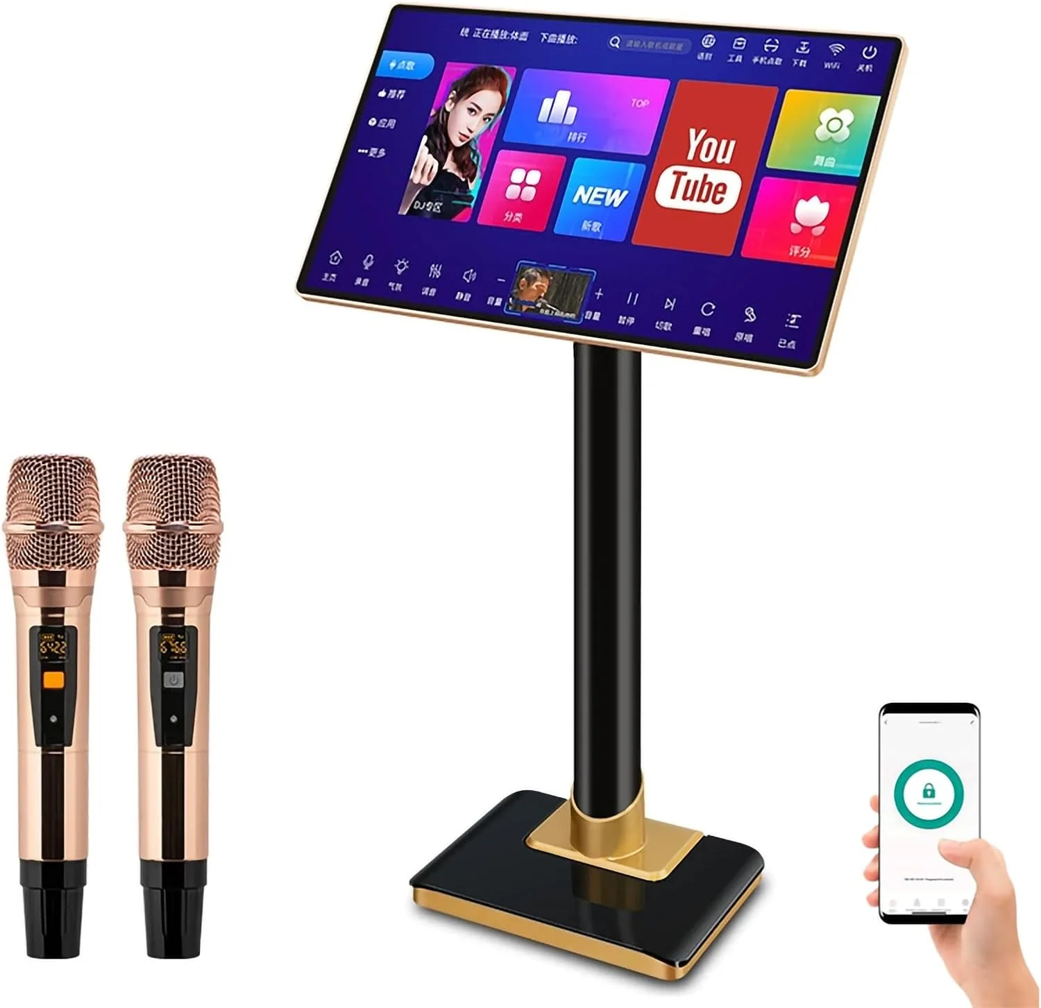 سیستم کارائوکه خانگی با صفحه لمسی 4K، نمایشگر 4K HD، 2 میکروفون و پشتیبانی از اپلیکیشن موبایل، ایستگاه KTV امکان دسترسی به 1.1 میلیون آهنگ را برای سرگرمی در خانه یا بار فراهم می کند، 1T