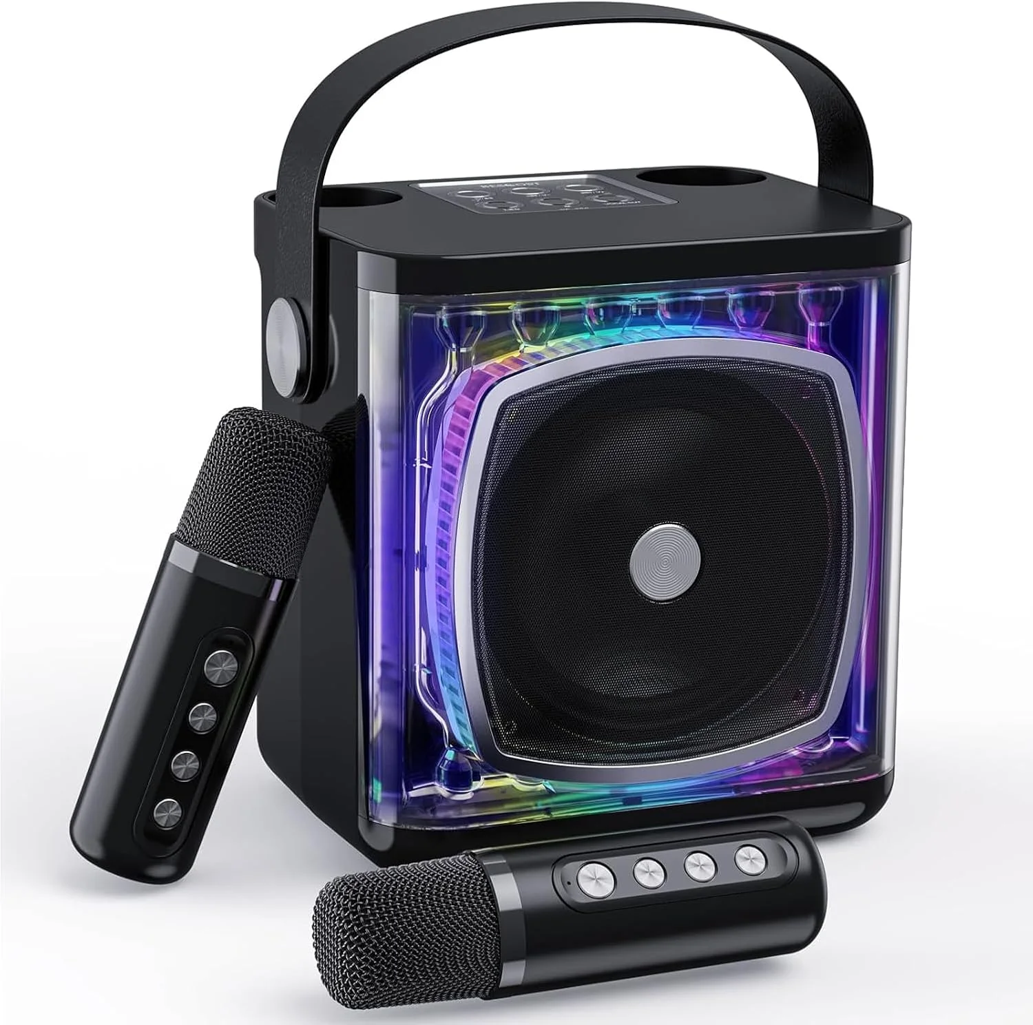 دستگاه کارائوکه قابل حمل با 2 میکروفون بی سیم برای خانه، مهمانی، سیستم بلندگوی کارائوکه بلوتوث با چراغ های LED پویا، پشتیبانی از TF/USB/AUX