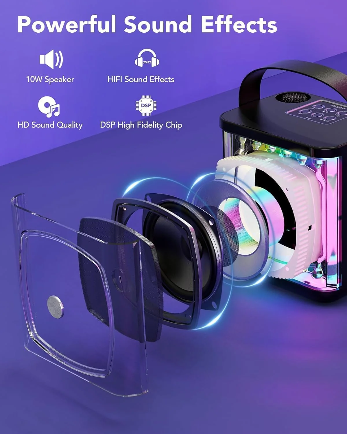 دستگاه کارائوکه قابل حمل با 2 میکروفون بی سیم برای خانه، مهمانی، سیستم بلندگوی کارائوکه بلوتوث با چراغ های LED پویا، پشتیبانی از TF/USB/AUX