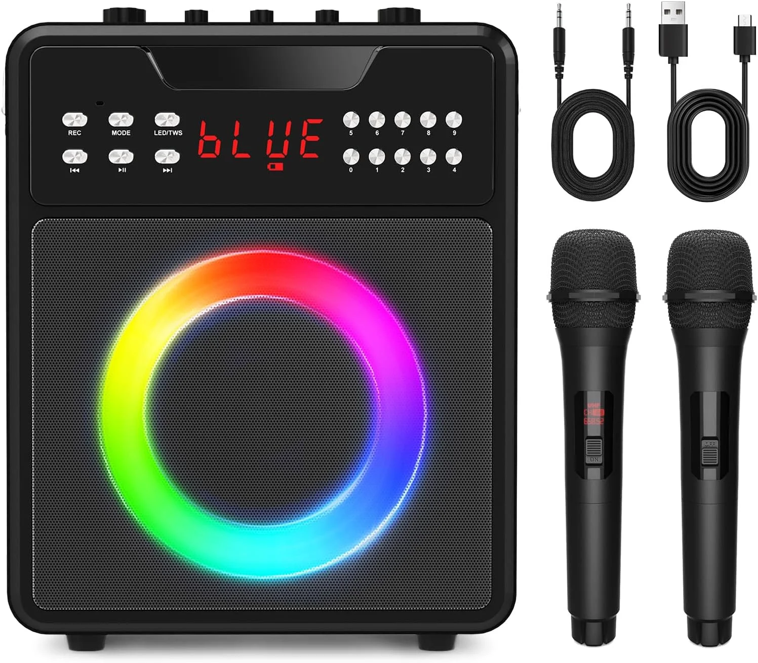 دستگاه کارائوکه قابل حمل با 2 میکروفون بی سیم، بلندگوی قابل حمل با چراغ های LED، پشتیبانی از USB، ورودی Aux، کارت TF برای مهمانی و رویدادهای فضای باز