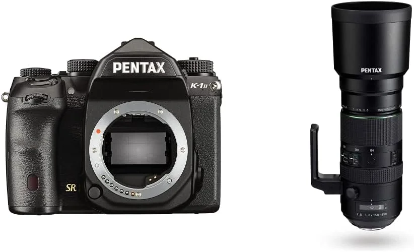 دوربین DSLR فول فریم 36 مگاپیکسلی مقاوم در برابر شرایط جوی Pentax K-1 Mark II با LCD TFT 3.2 اینچی، مشکی با لنز سوپر تله فوتو Pentax HD D FA 150-450mm f4.5-5.6ED DC AW برای دوربین های Pentax KAF