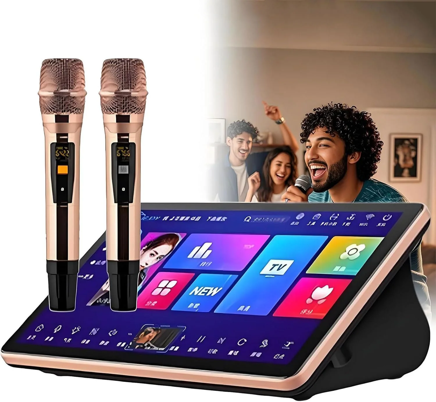 دستگاه کارائوکه، دستگاه کارائوکه قابل حمل 3 در 1 با صفحه لمسی خازنی 18.5 اینچی، 2 میکروفون بی سیم با افکت ریورب و نمایش متن ترانه، خروجی 4K، دارای 600 هزار آهنگ ابری، دستگاه پخش KTV رومیزی مشکی 3 ترابایت
