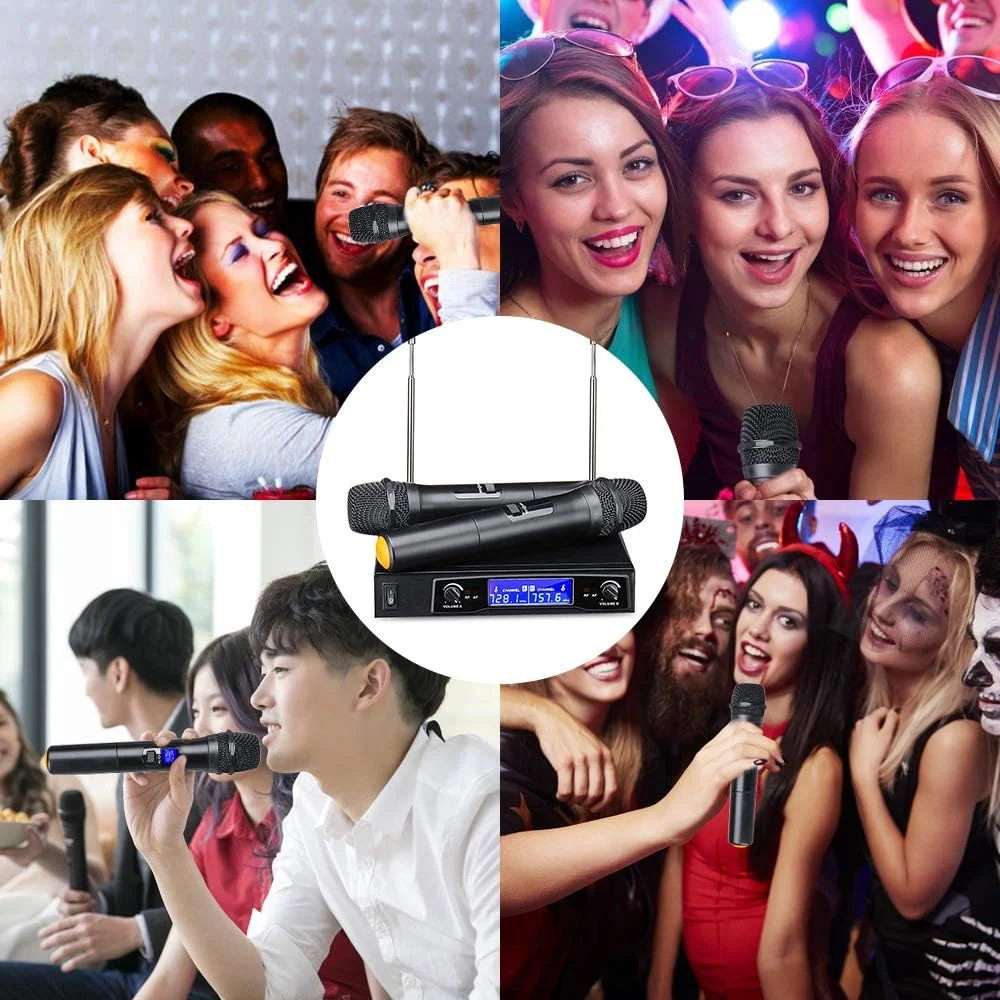 میکروفون کارائوکه بی سیم دو کاناله حرفه ای UHF با نمایشگر LCD دیجیتال، مناسب برای مهمانی، عروسی، کلیسا، جلسه و سخنرانی