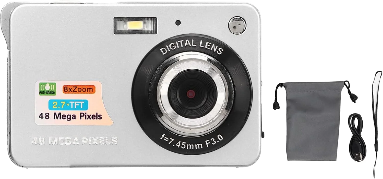 دوربین جیبی شارژی با پشتیبانی کارت حافظه 128 گیگابایتی، دوربین دیجیتال 4K 48 مگاپیکسلی با زوم 8 برابر و صفحه نمایش 2.7 اینچی LCD، دوربین انتقال USB برای مبتدیان (نقره ای)