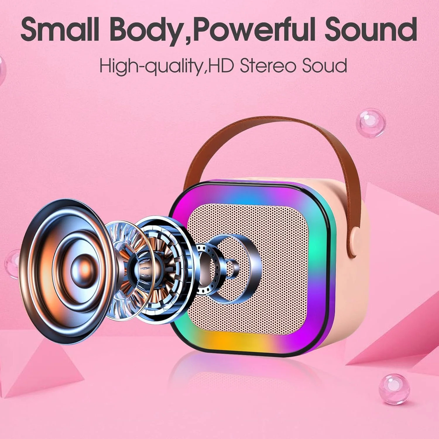 دستگاه کارائوکه Vebach برای کودکان و بزرگسالان، اسپیکر کارائوکه بلوتوثی کوچک قابل حمل با 1 میکروفون بی سیم و چراغ های پویا، مناسب منزل، فضای باز و مسافرت (صورتی)