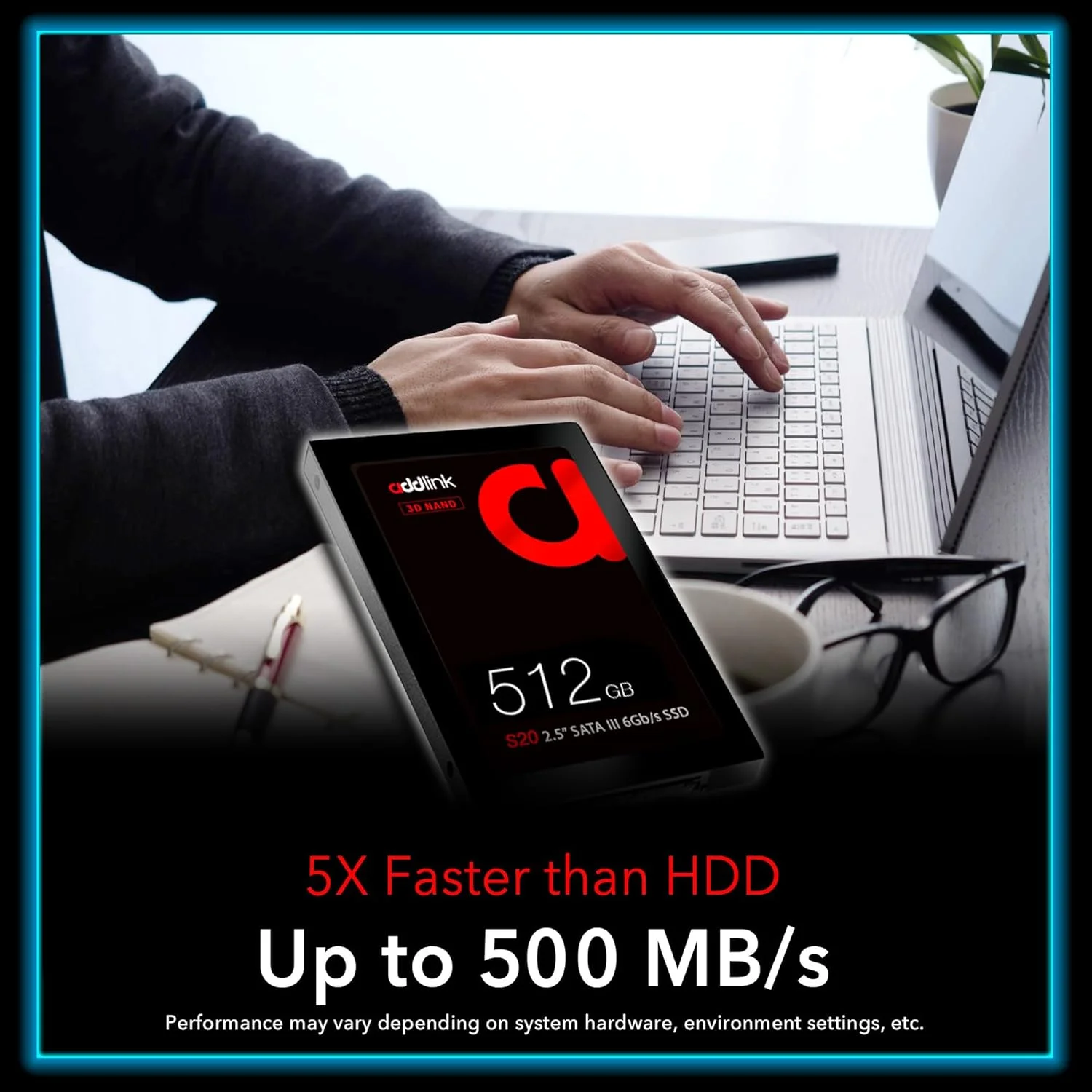 درایو حالت جامد داخلی 512 گیگابایتی Addlink S20 با فناوری 3D NAND، سایز 2.5 اینچ، SATA III 6Gb/s و ضخامت 7 میلی‌متر، سرعت خواندن 550 مگابایت بر ثانیه و سرعت نوشتن 500 مگابایت بر ثانیه