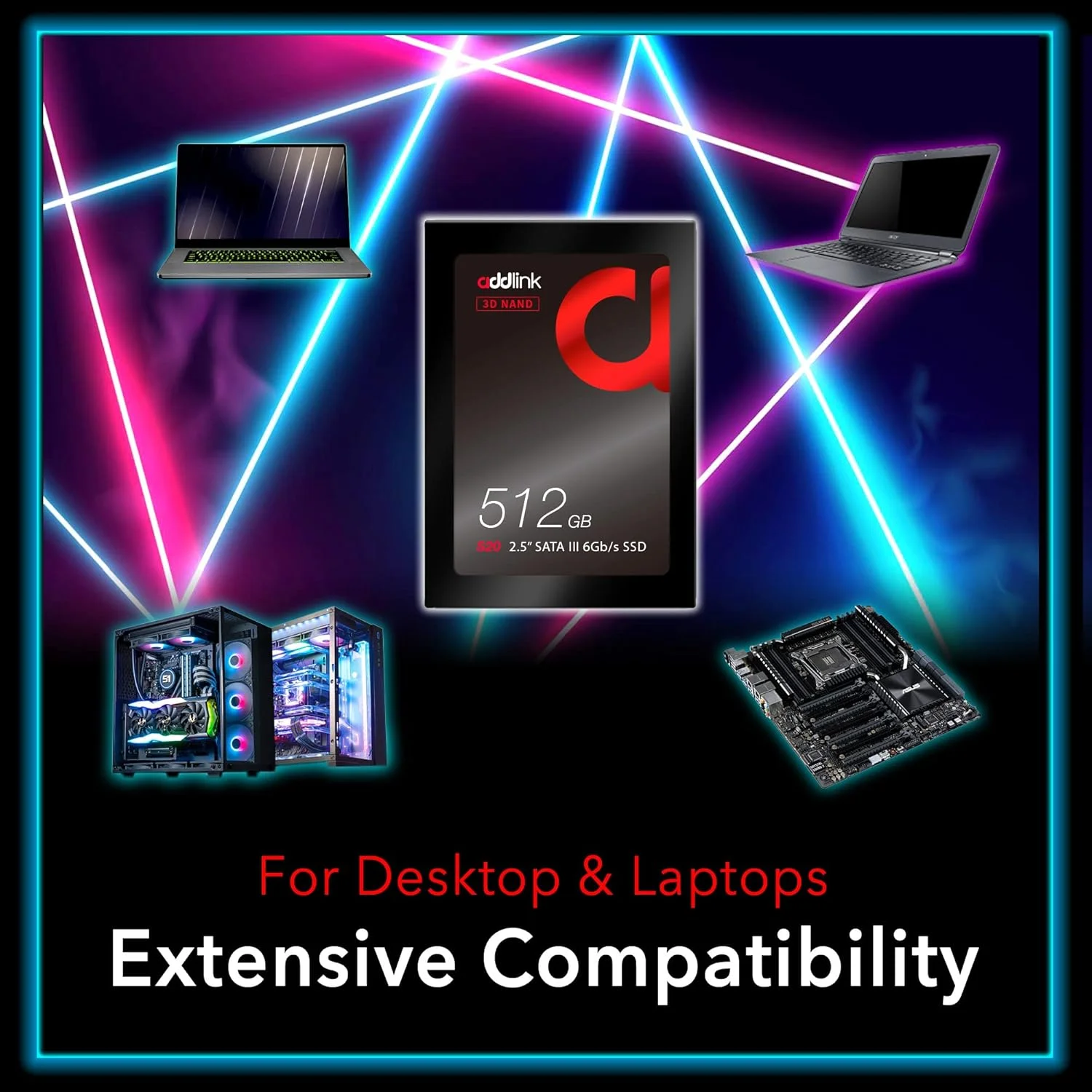 درایو حالت جامد داخلی 512 گیگابایتی Addlink S20 با فناوری 3D NAND، سایز 2.5 اینچ، SATA III 6Gb/s و ضخامت 7 میلی‌متر، سرعت خواندن 550 مگابایت بر ثانیه و سرعت نوشتن 500 مگابایت بر ثانیه