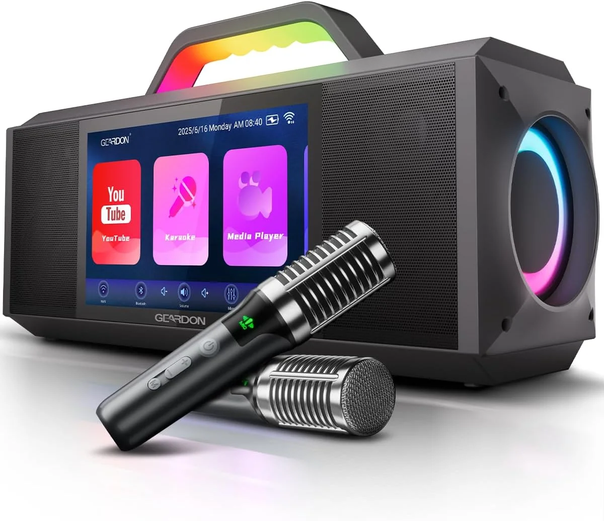 دستگاه کارائوکه برای بزرگسالان، با نمایش متن ترانه و صفحه نمایش، سیستم کارائوکه برای یوتیوب، 2 میکروفون بی سیم، توان خروجی 1000 وات، برنامه کارائوکه رایگان، اسپیکر کارائوکه قابل حمل برای مهمانی های خانگی و فضای باز