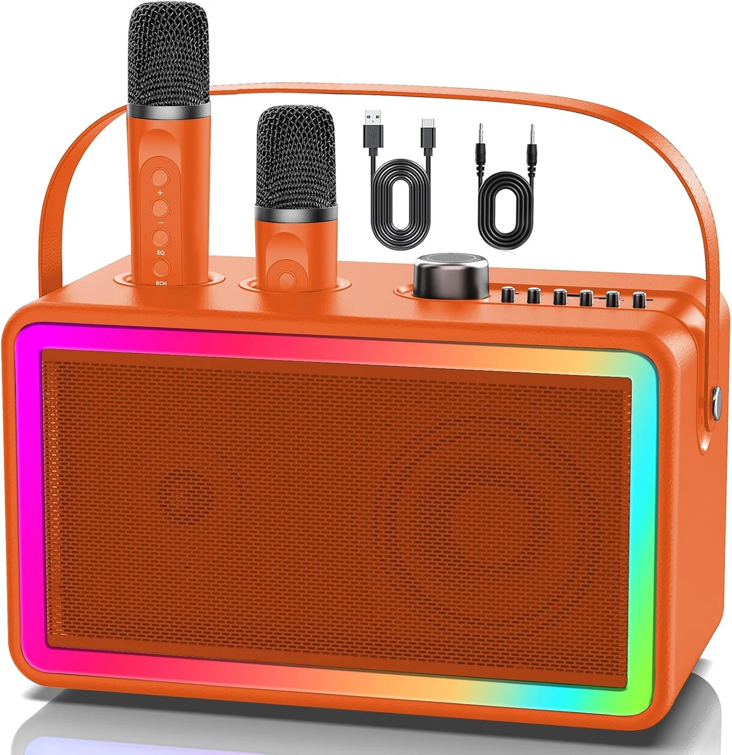 دستگاه کارائوکه، اسپیکر کارائوکه با دو میکروفون بی سیم، دستگاه کارائوکه رترو برای کودکان و بزرگسالان، اسپیکر بلوتوث با سیستم PA، چراغ های LED، پشتیبانی از کارت TF، USB، AUX (نارنجی)