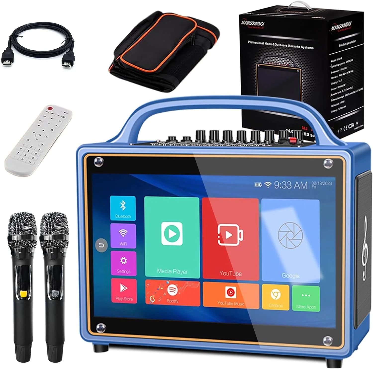 دستگاه کارائوکه صفحه لمسی 14 اینچی با نمایش حروف، 2 میکروفون بی سیم، سیستم کارائوکه بلندگوی بلوتوثی، سیستم عامل اندروید، 500 گیگابایت حافظه