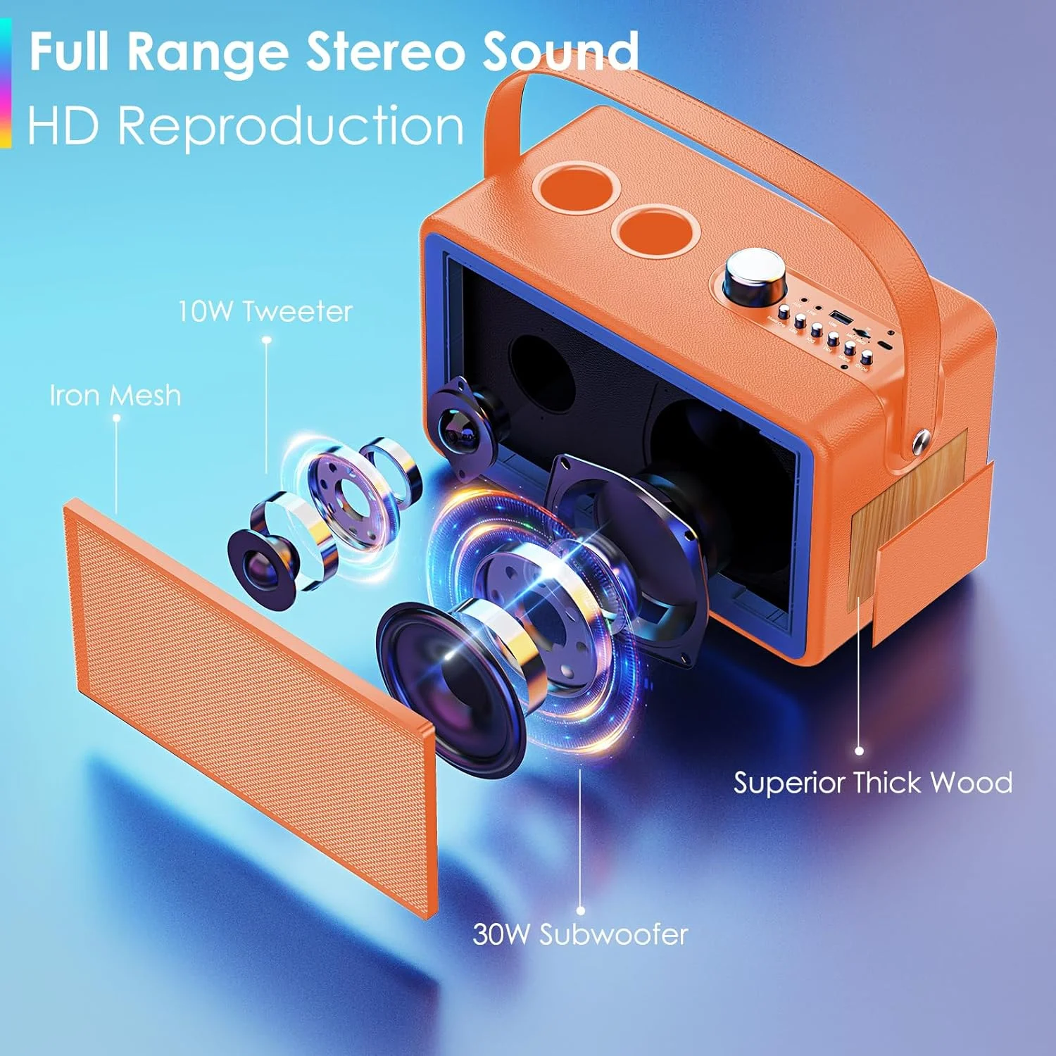 دستگاه کارائوکه، اسپیکر کارائوکه با دو میکروفون بی سیم، دستگاه کارائوکه رترو برای کودکان و بزرگسالان، اسپیکر بلوتوث با سیستم PA، چراغ های LED، پشتیبانی از کارت TF، USB، AUX (نارنجی)