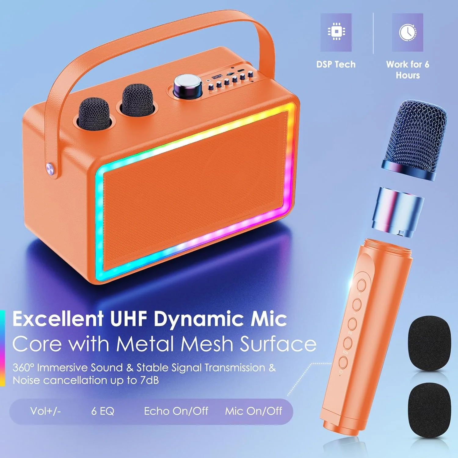 دستگاه کارائوکه، اسپیکر کارائوکه با دو میکروفون بی سیم، دستگاه کارائوکه رترو برای کودکان و بزرگسالان، اسپیکر بلوتوث با سیستم PA، چراغ های LED، پشتیبانی از کارت TF، USB، AUX (نارنجی)