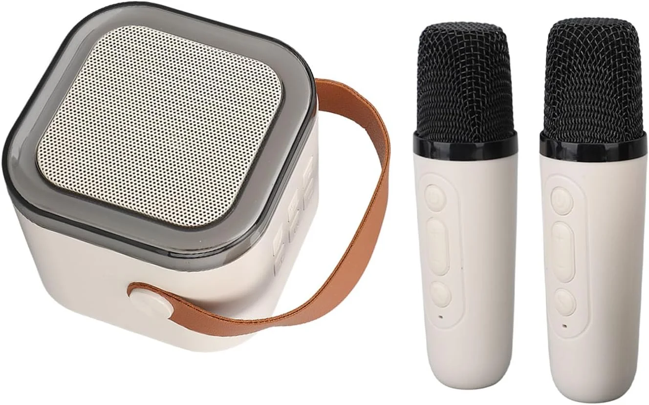 اسپیکر کارائوکه قابل حمل با کیفیت صدای عالی به همراه 2 میکروفون برای منزل، رنگ زردآلویی