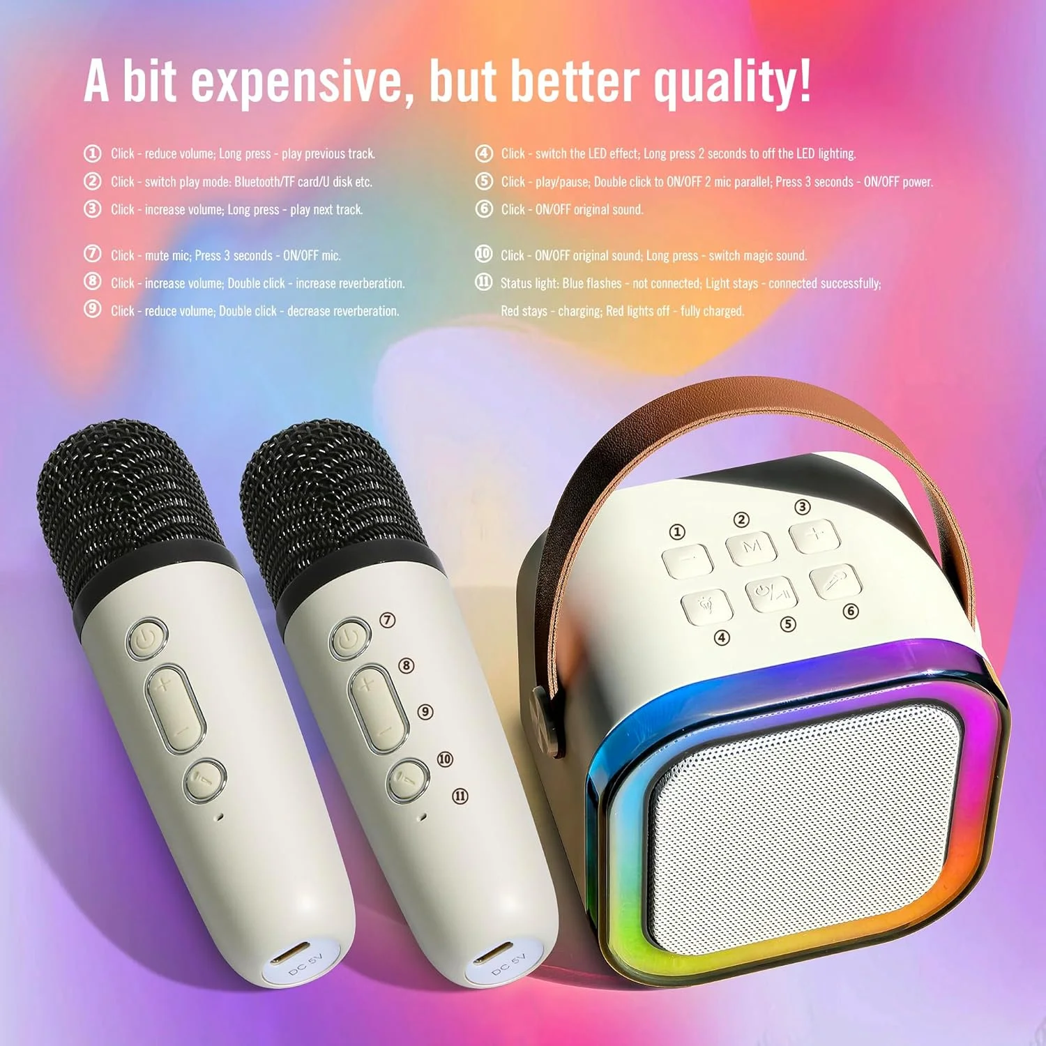 دستگاه کارائوکه کوچک برای کودکان و بزرگسالان با بلندگو و 2 میکروفون، جلوه های صوتی و نورهای پویا برای هدیه تولد، استفاده در خانه، فضای باز و پخش زنده تیک تاک