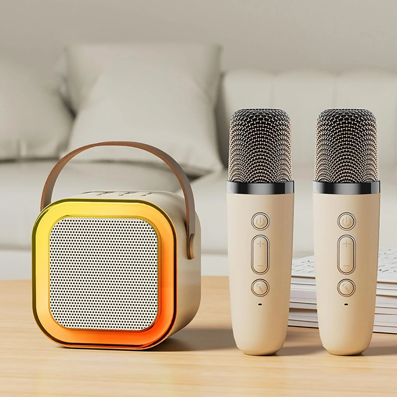 دستگاه کارائوکه کوچک برای کودکان و بزرگسالان با بلندگو و 2 میکروفون، جلوه های صوتی و نورهای پویا برای هدیه تولد، استفاده در خانه، فضای باز و پخش زنده تیک تاک