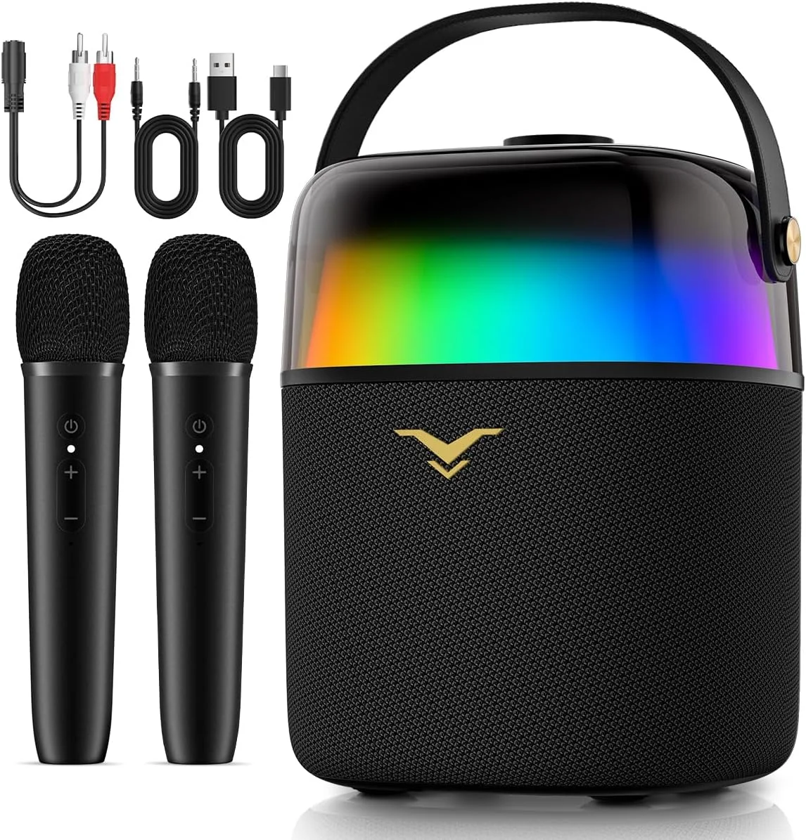 دستگاه کارائوکه، اسپیکر بلوتوث قابل حمل با 2 میکروفون بی سیم، سیستم PA با حالت صدا و چراغ های LED داخلی برای بزرگسالان و کودکان، پشتیبانی از FM/AUX/USB/6.35mm