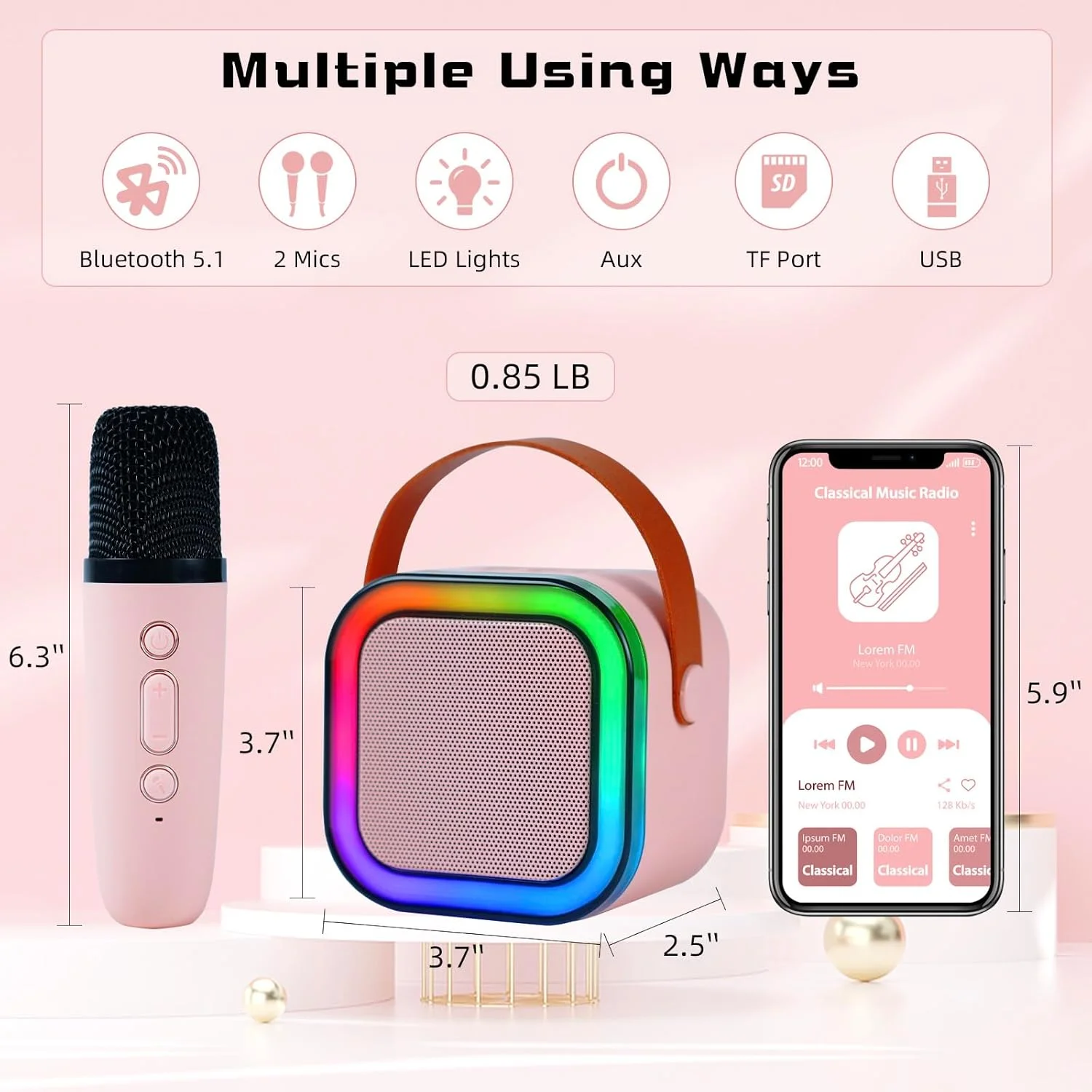 دستگاه کارائوکه - دستگاه کارائوکه قابل حمل با 2 میکروفون بلوتوث بی سیم، بهترین هدیه تولد برای جلسات، مهمانی ها با دسته حمل/اکو/حذف صدا، پشتیبانی از TF/USB/AUX - رنگ های مختلف