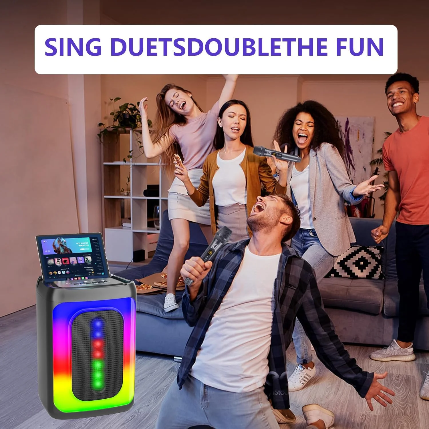 دستگاه کارائوکه برای بزرگسالان و کودکان، بلندگوی بلوتوث قابل حمل با 1 میکروفون سیمی، سیستم PA با نور برای مهمانی خانگی/هدایای تولد