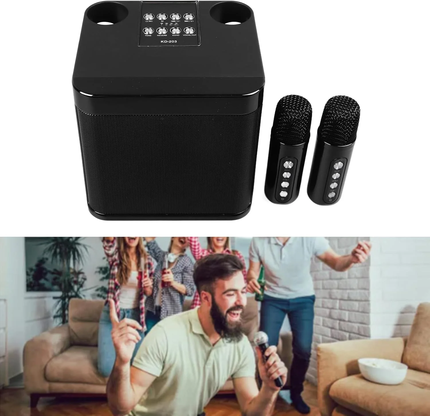 دستگاه کارائوکه با دو میکروفون، اسپیکر کارائوکه مینی قابل حمل برای مهمانی خانگی و کمپینگ دستگاه کارائوکه با دو میکروفون، اسپیکر کارائوکه مینی قابل حمل برای مهمانی خانگی و کمپینگ