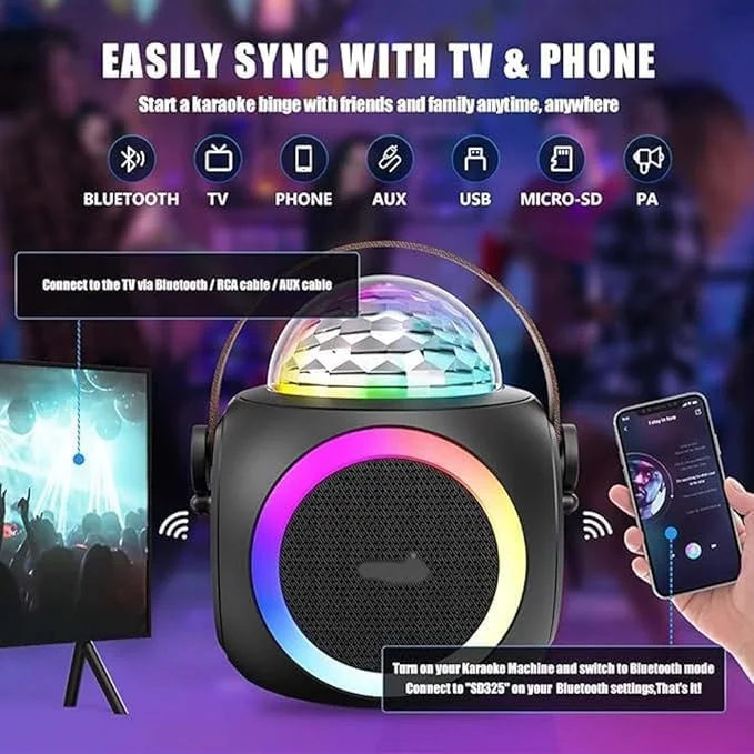 دستگاه کارائوکه با بلندگوی بلوتوث، میکروفون های بی سیم UHF، چراغ های دیسکو توپی LED دستگاه کارائوکه با بلندگوی بلوتوث، میکروفون های بی سیم UHF، چراغ های دیسکو توپی LED