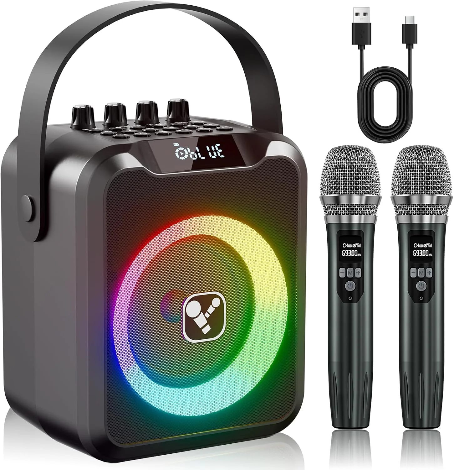 دستگاه کارائوکه با 2 میکروفون، اسپیکر بلوتوث قابل حمل با نور RGB (مشکی)