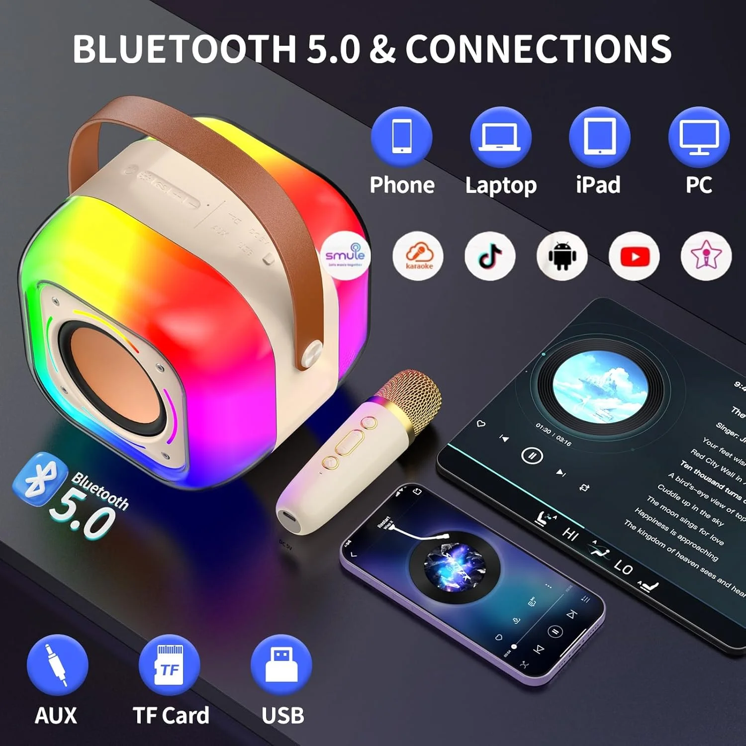 دستگاه کارائوکه قابل حمل HWWR با 2 میکروفون بی سیم، سیستم PA، تغییر صدا، چراغ های LED برای مهمانی های خانگی، بهترین هدیه موسیقی برای دختران و پسران