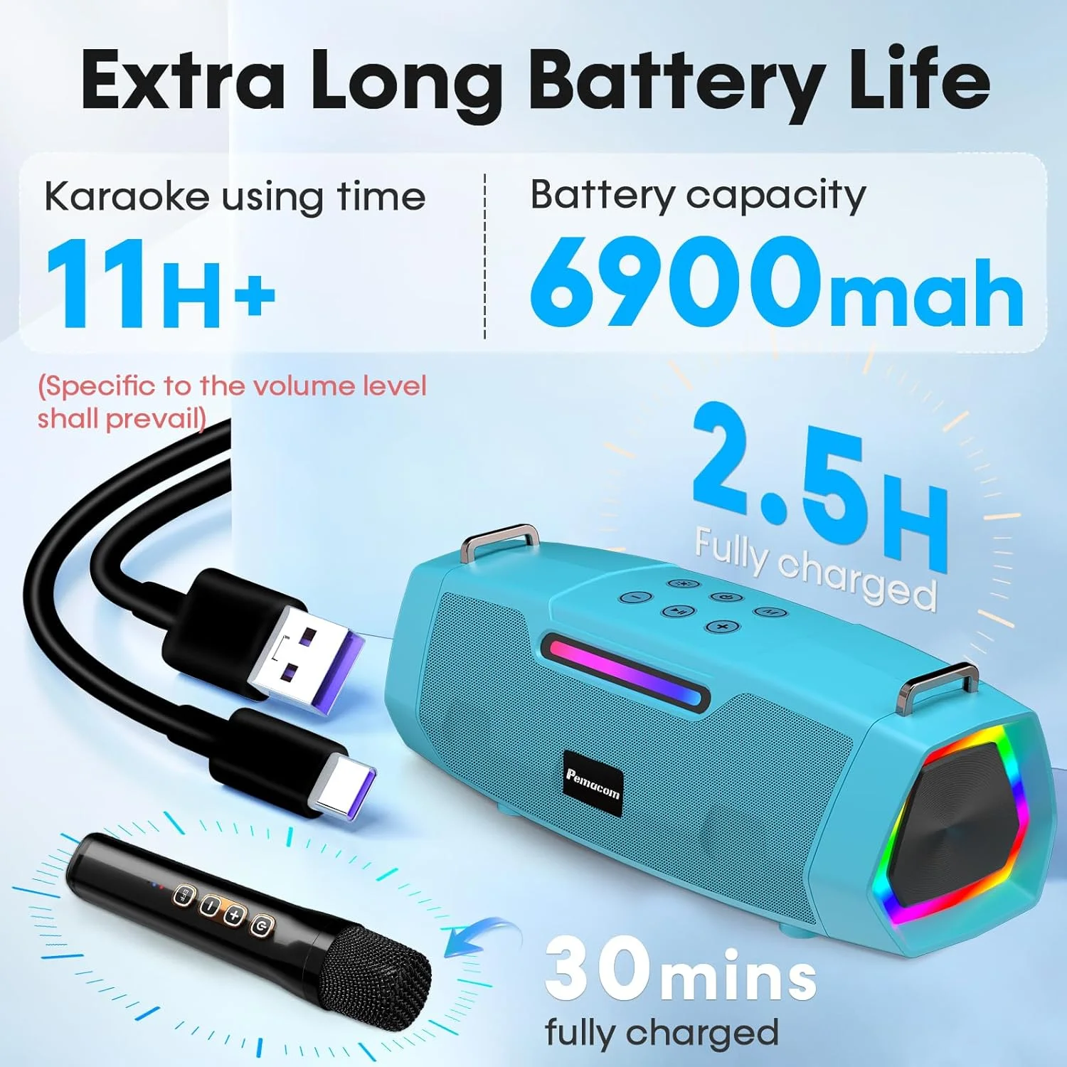 دستگاه کارائوکه با صدای قدرتمند 60 واتی - سیستم کارائوکه قابل حمل با 2 میکروفون بی سیم، بلوتوث 5.3، عمر باتری طولانی برای مهمانی های خانوادگی و فضای باز، ایده آل برای نوجوانان و پسران - آبی