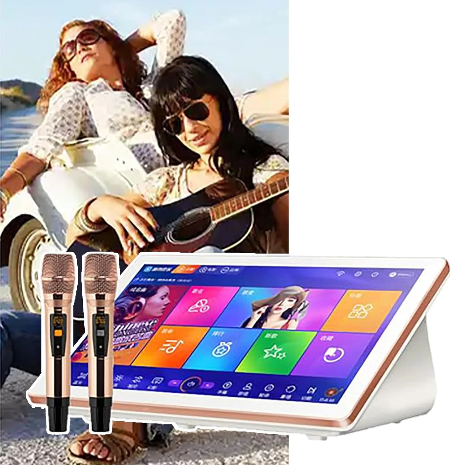 دستگاه کارائوکه ۱۸.۵ اینچی، دستگاه KTV رومیزی، دستگاه کارائوکه با صفحه لمسی، با میکروفون بی سیم، کنترل برنامه + چند زبانه، برای خانه، سفید