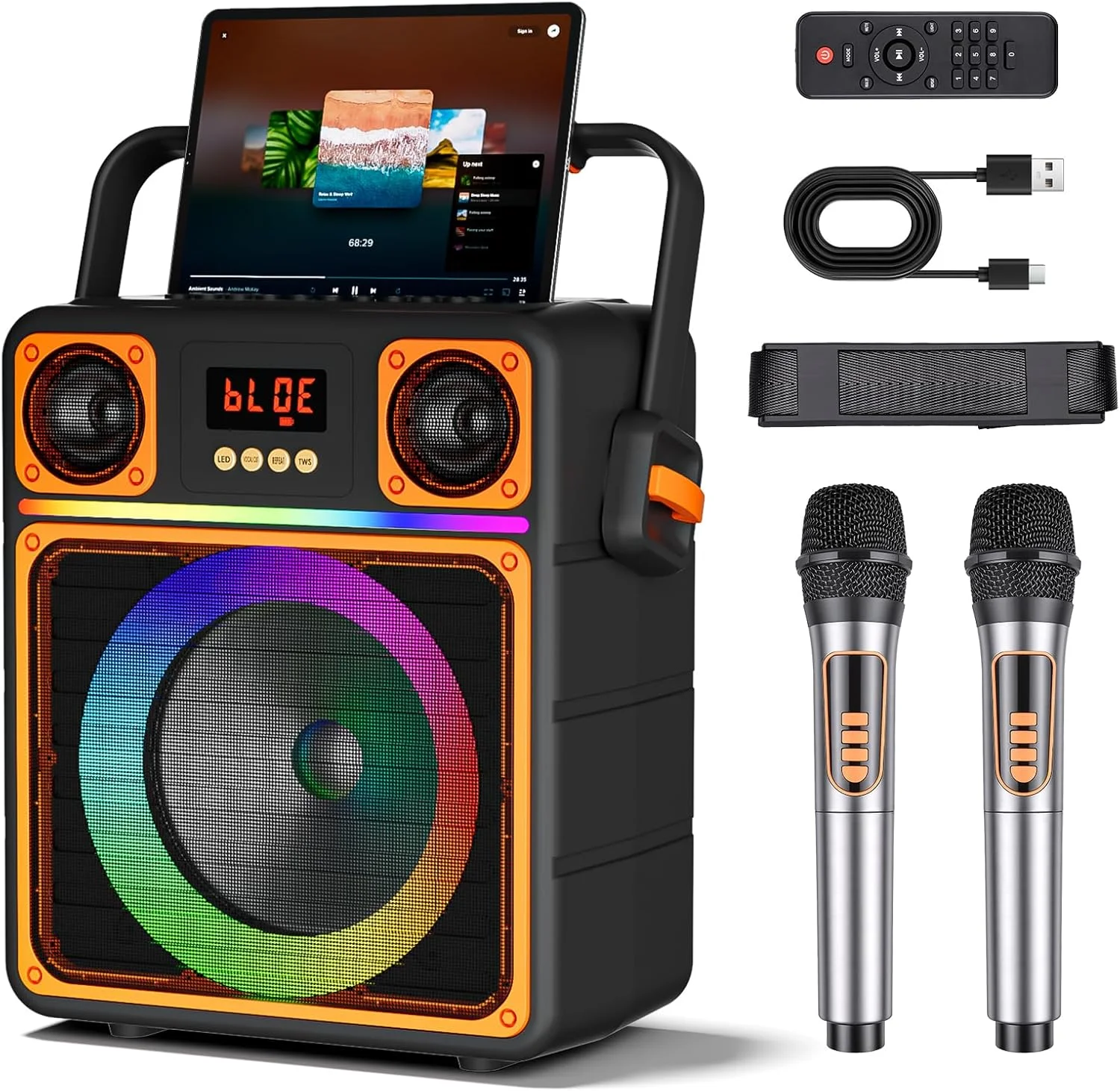 دستگاه کارائوکه، بلندگوی بلوتوث قابل حمل GUKKK با تنظیم بیس/تریبل و چراغ های LED برای مهمانی - مشکی