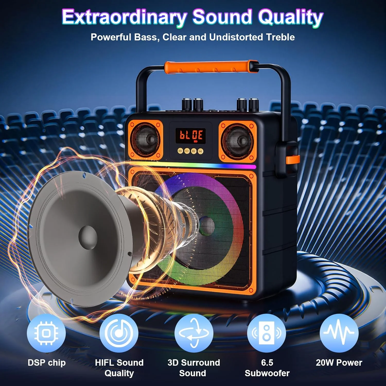 دستگاه کارائوکه، بلندگوی بلوتوث قابل حمل GUKKK با تنظیم بیس/تریبل و چراغ های LED برای مهمانی - مشکی