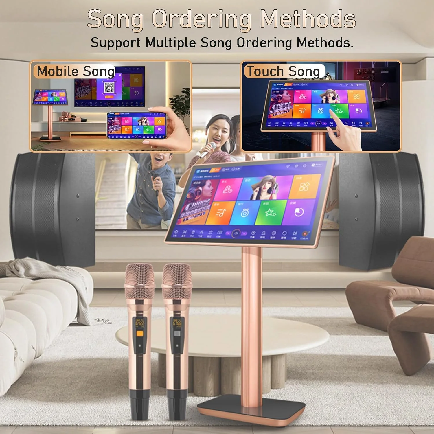 سیستم کارائوکه، دانلود ابری آهنگ از راه دور با تلفن همراه دارای صفحه لمسی، دستگاه کارائوکه همه کاره، پخش کننده کارائوکه KTV برای مهمانی خانوادگی، بار، منزل، 19.5 اینچ - 2 ترابایت
