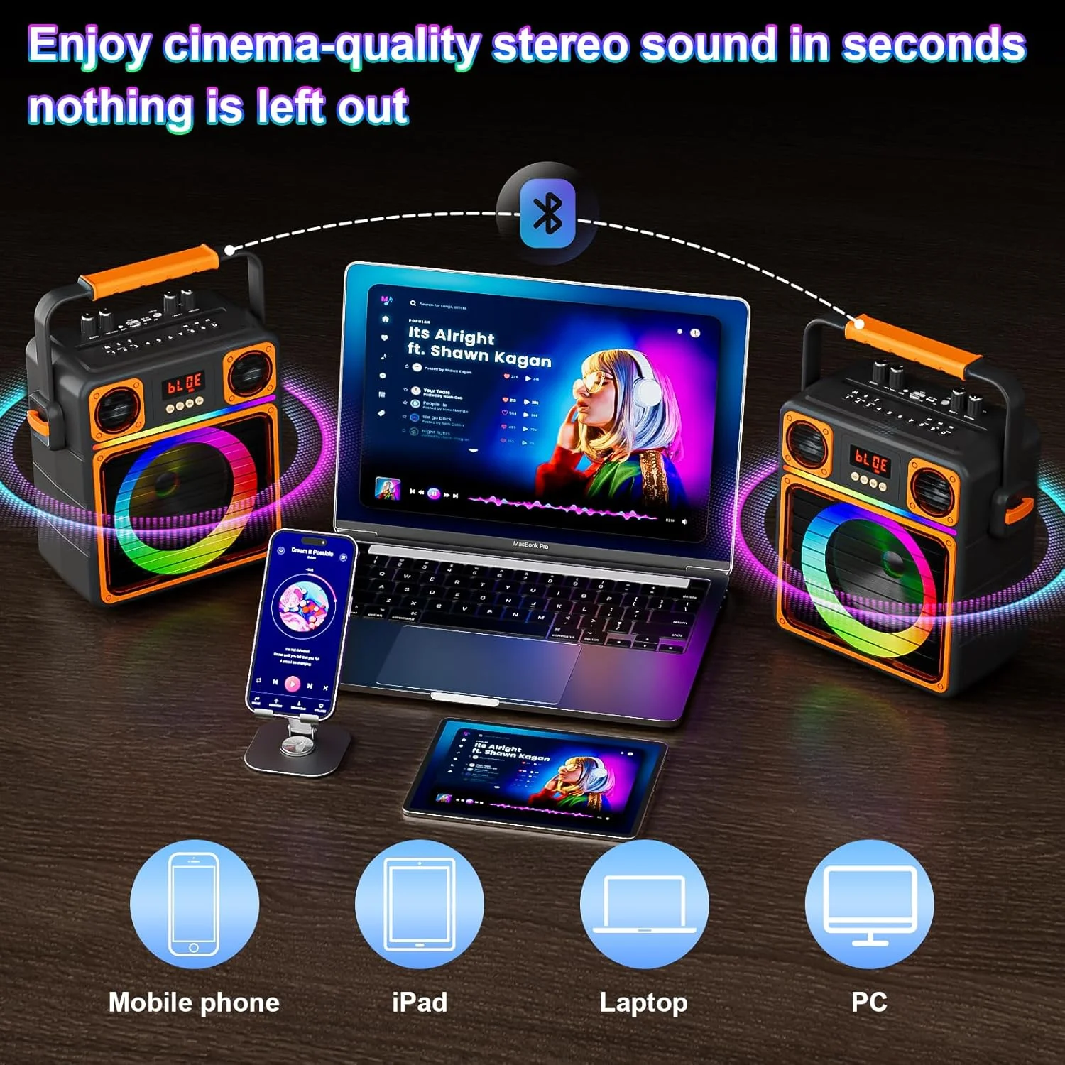 دستگاه کارائوکه، بلندگوی بلوتوث قابل حمل GUKKK با تنظیم بیس/تریبل و چراغ های LED برای مهمانی - مشکی