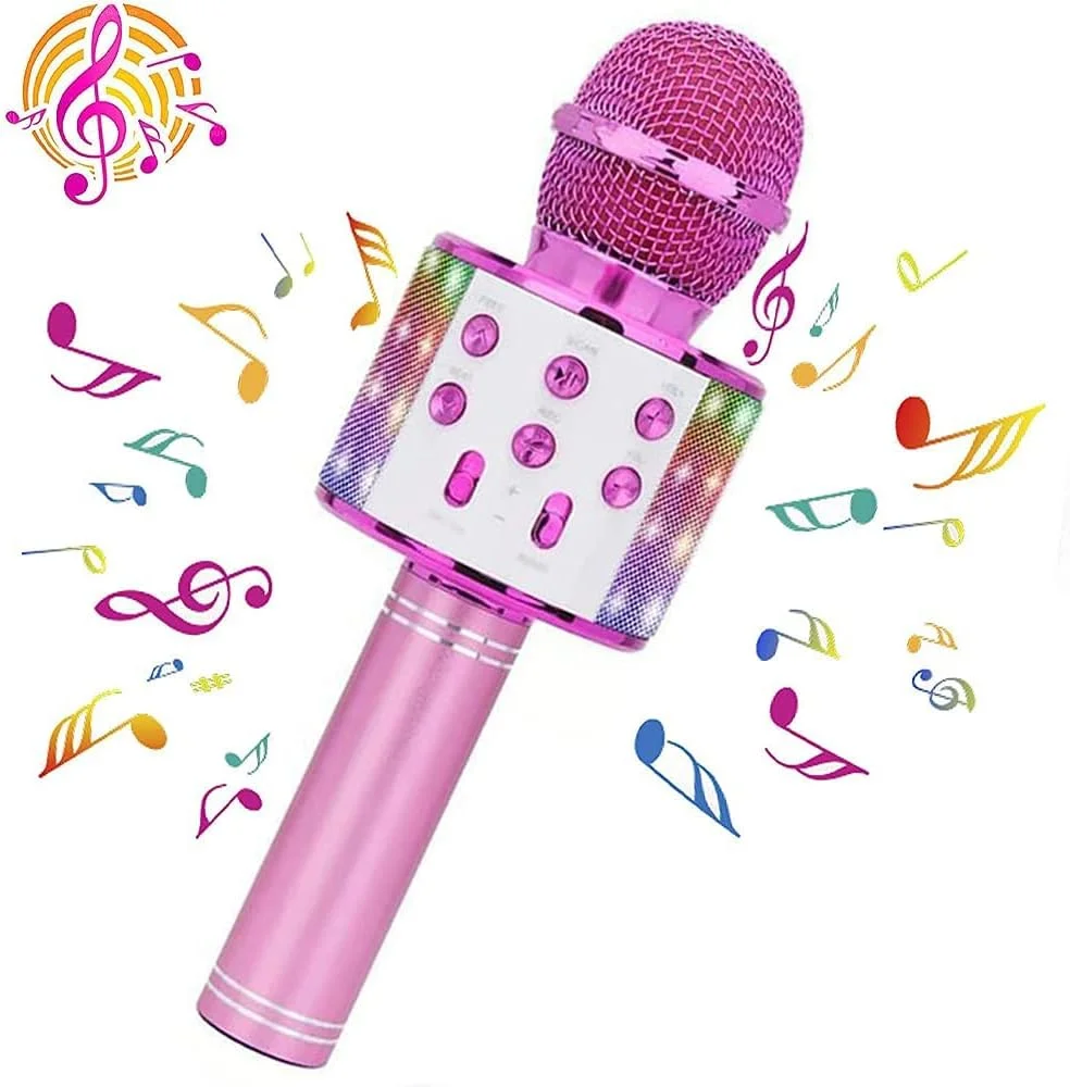میکروفون کارائوکه بلوتوث، اسپیکر قابل حمل کارائوکه خانگی KTV با عملکرد ضبط و چراغ های LED رقص نور برای اندروید و iOS