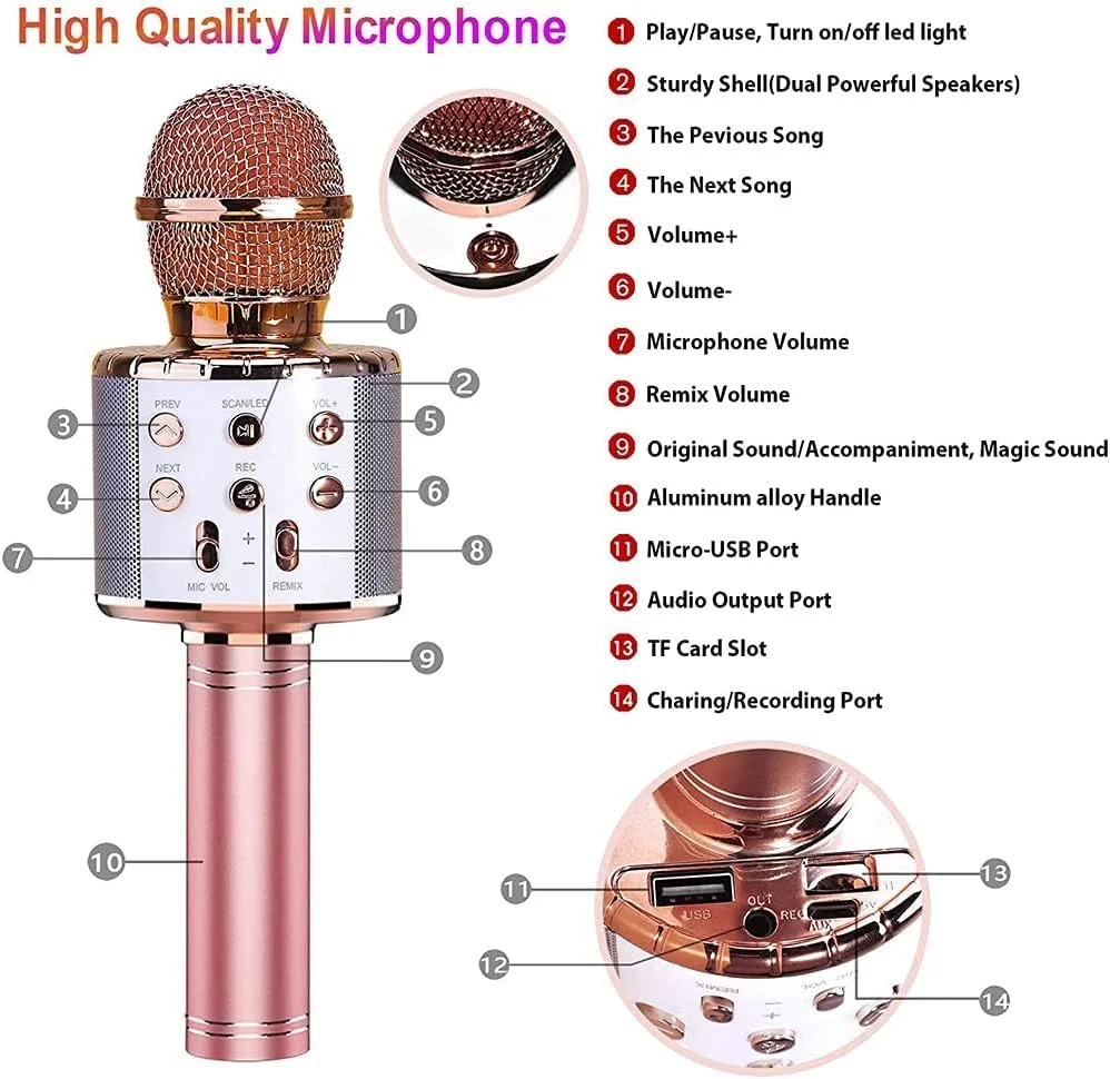 میکروفون کارائوکه بلوتوث، اسپیکر قابل حمل کارائوکه خانگی KTV با قابلیت ضبط و چراغ های LED رقص نور مناسب برای اندروید و iOS