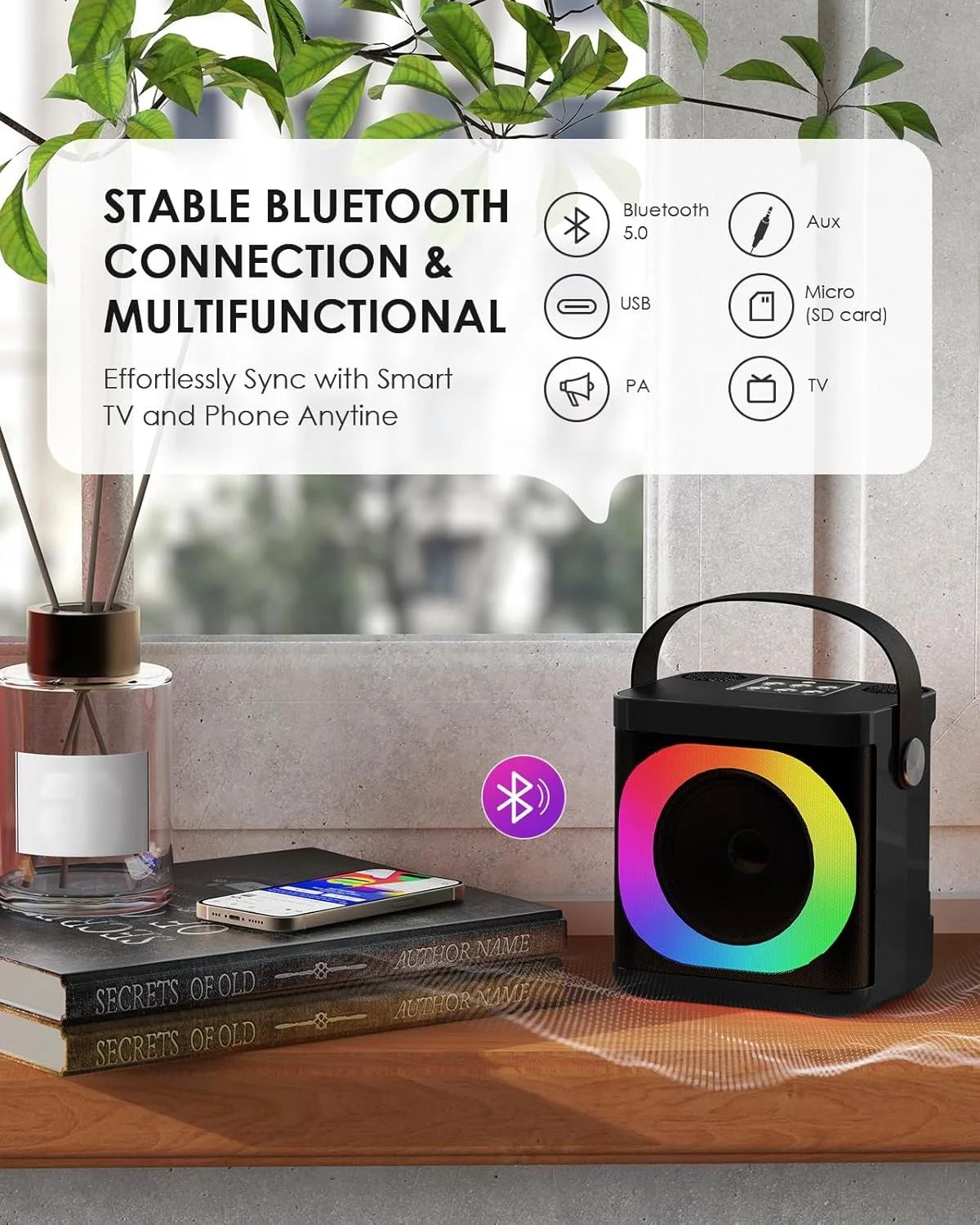 دستگاه کارائوکه برای بزرگسالان و کودکان، اسپیکر کارائوکه قابل حمل با 2 میکروفون بی سیم، سیستم PA بلوتوث 5.1 HD با نورهای LED/تغییر صدا/دسته، برای KTV خانگی، فضای باز، مسافرت