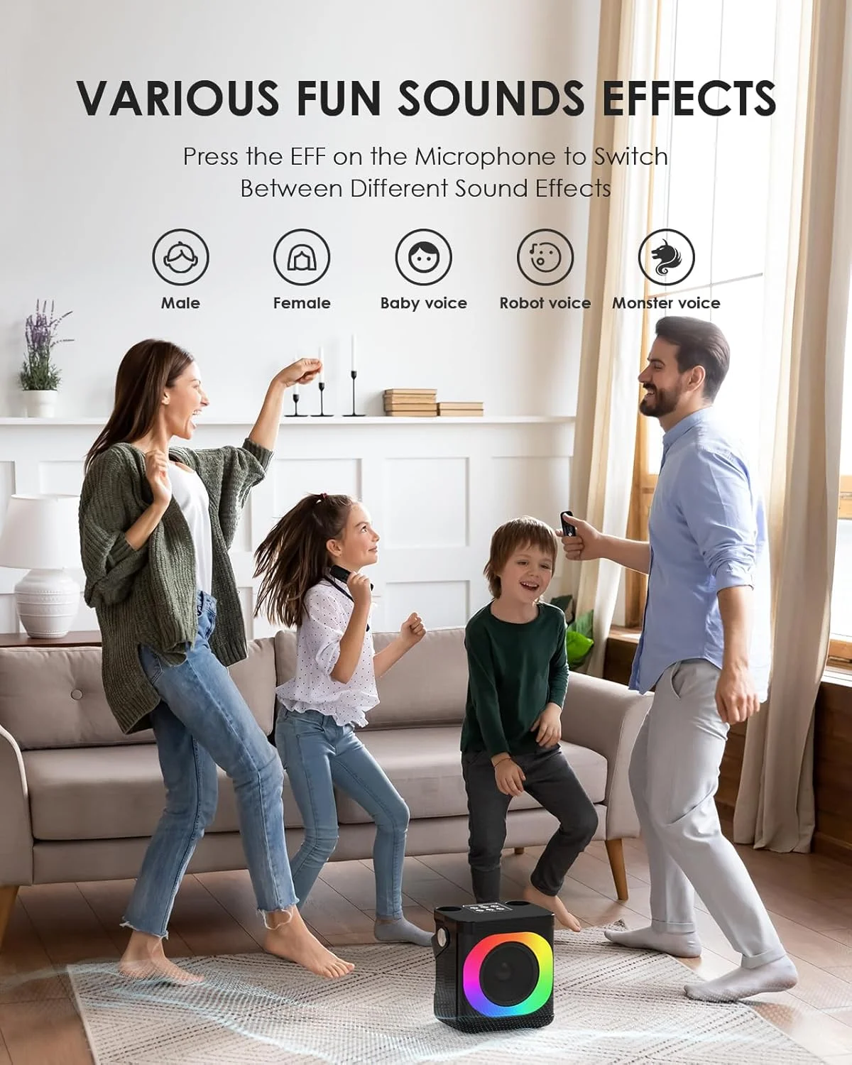 دستگاه کارائوکه برای بزرگسالان و کودکان، اسپیکر کارائوکه قابل حمل با 2 میکروفون بی سیم، سیستم PA بلوتوث 5.1 HD با نورهای LED/تغییر صدا/دسته، برای KTV خانگی، فضای باز، مسافرت