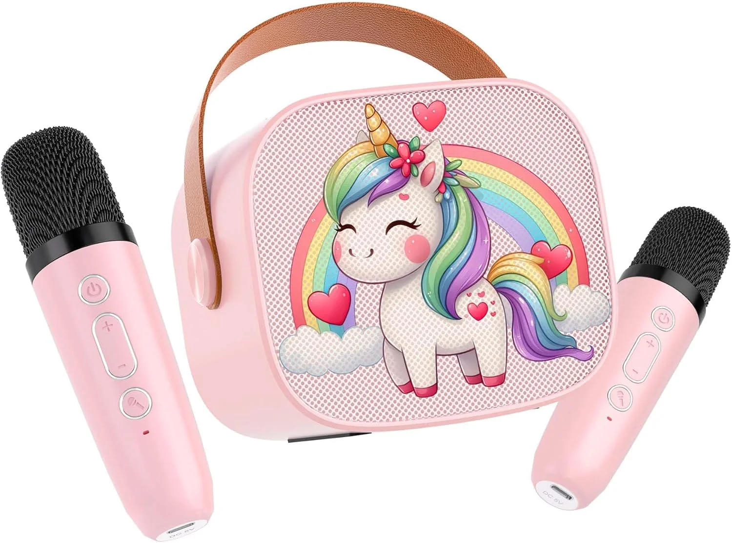 دستگاه کارائوکه کوچک برای کودکان، اسپیکر بلوتوث قابل حمل با 2 میکروفون، باتری قابل شارژ، رادیو FM، پخش USB، چراغ های LED برای پسران و دختران - اسب صورتی