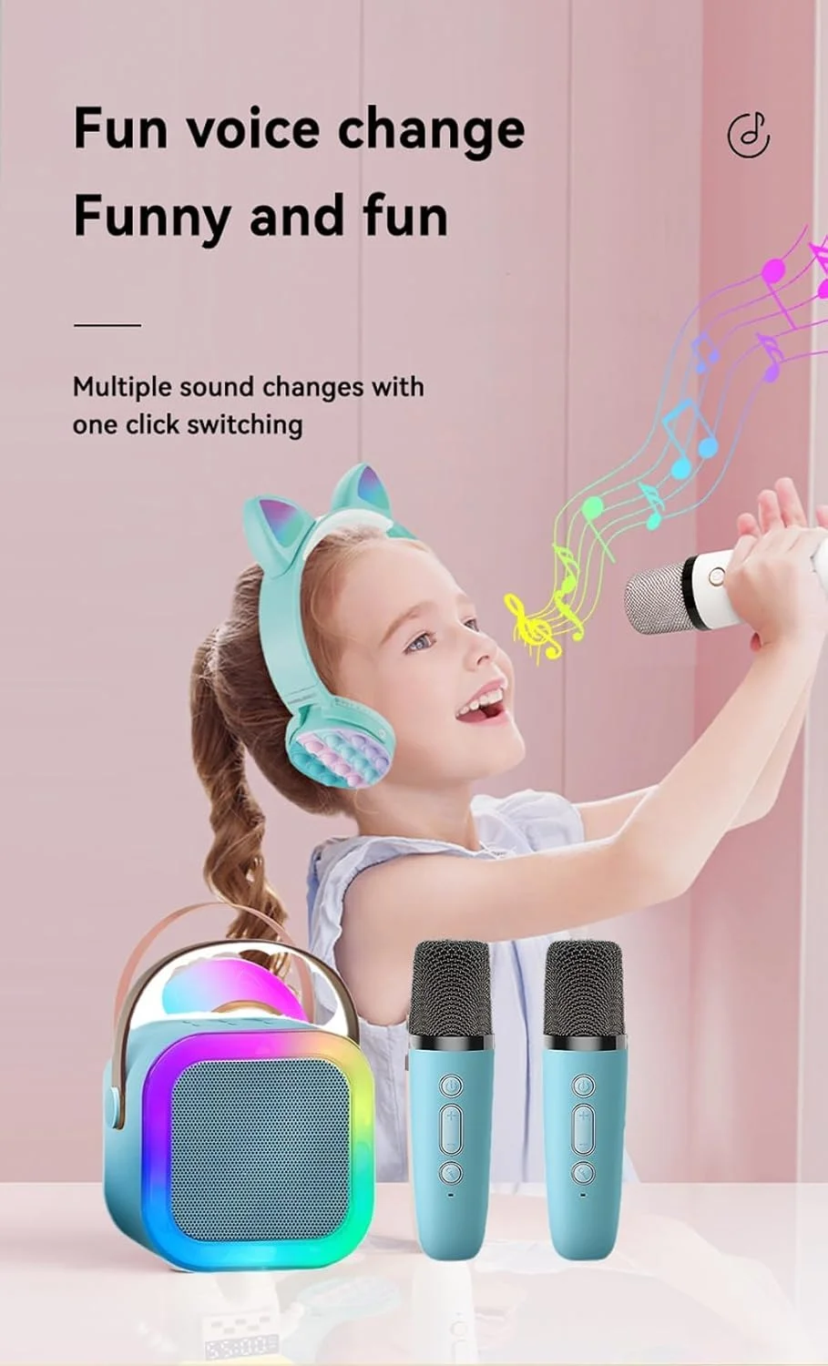 اسپیکر کارائوکه، دستگاه کارائوکه LED، بلوتوث قابل حمل با 2 میکروفون بی سیم و چراغ شب، مناسب برای تعطیلات، اسباب بازی های مهمانی خانوادگی پسران و دختران (آبی)