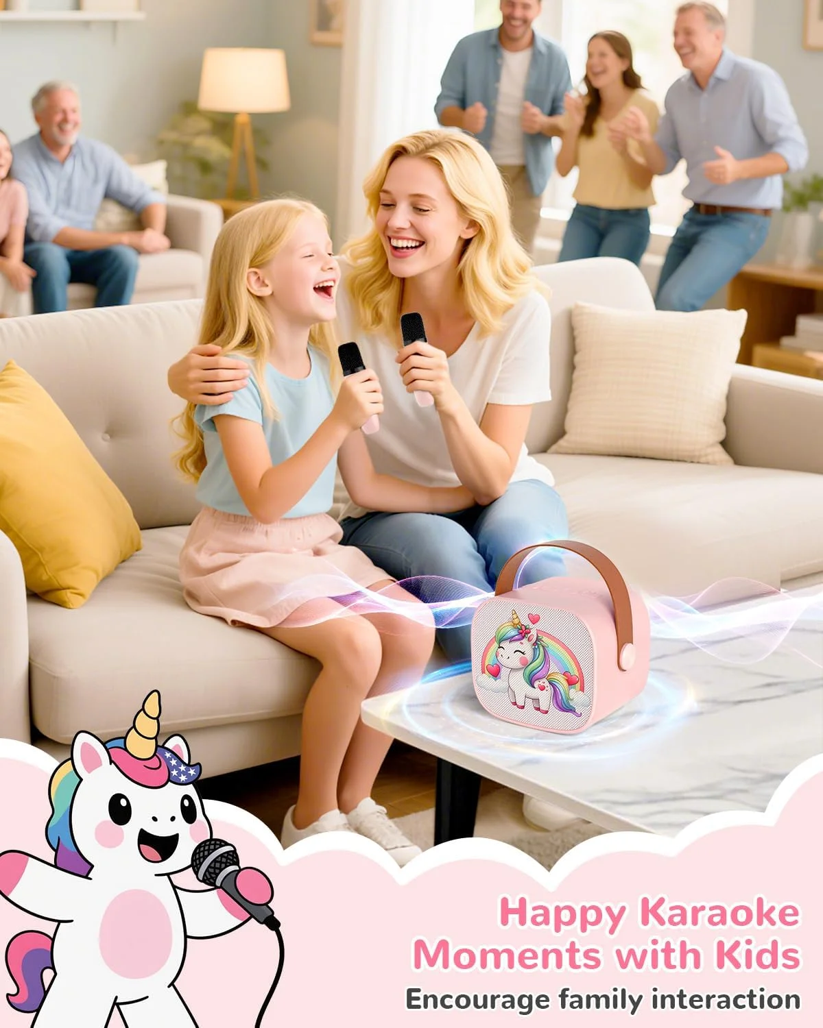 دستگاه کارائوکه کوچک برای کودکان، اسپیکر بلوتوث قابل حمل با 2 میکروفون، باتری قابل شارژ، رادیو FM، پخش USB، چراغ های LED برای پسران و دختران - اسب صورتی
