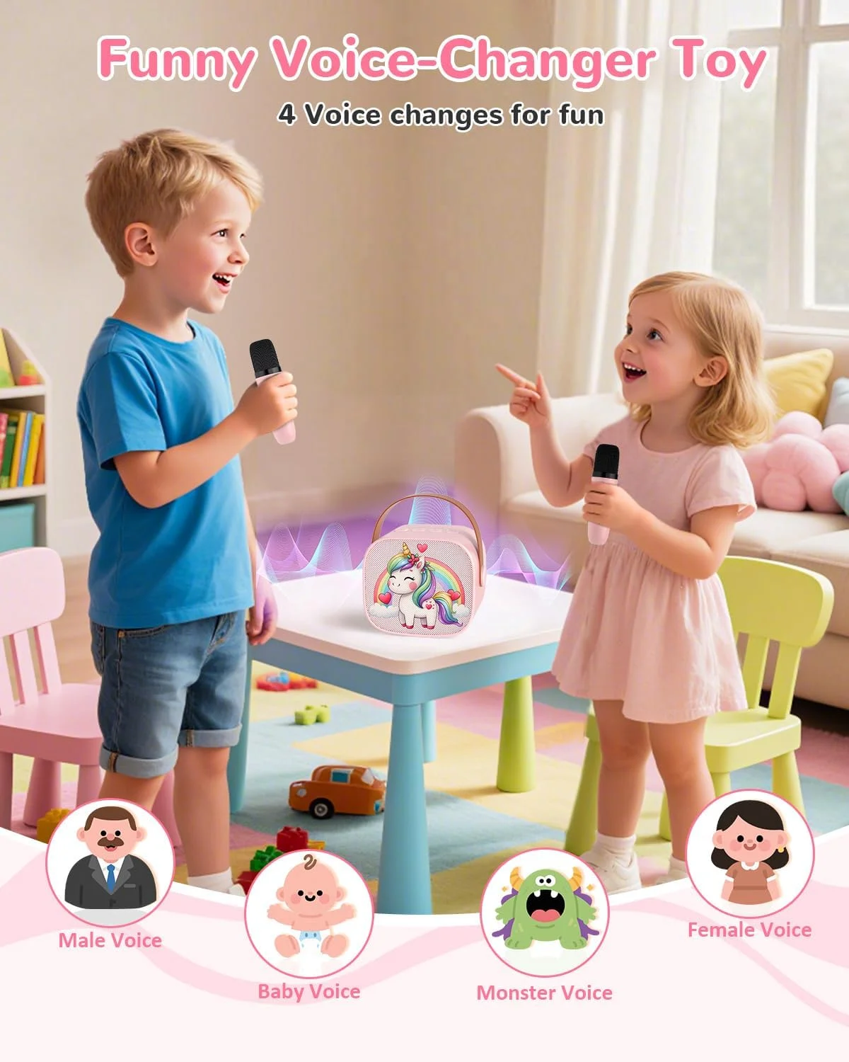 دستگاه کارائوکه کوچک برای کودکان، اسپیکر بلوتوث قابل حمل با 2 میکروفون، باتری قابل شارژ، رادیو FM، پخش USB، چراغ های LED برای پسران و دختران - اسب صورتی