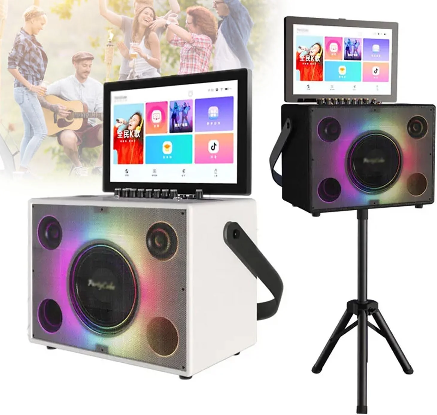 دستگاه کارائوکه بلوتوث قابل حمل، دستگاه مینی KTV حرفه ای با تبلت لمسی 14 اینچی، 2 میکروفون بی سیم، بلندگوی LED رنگی تاشو با باتری لیتیومی 10 آمپر (سفید)