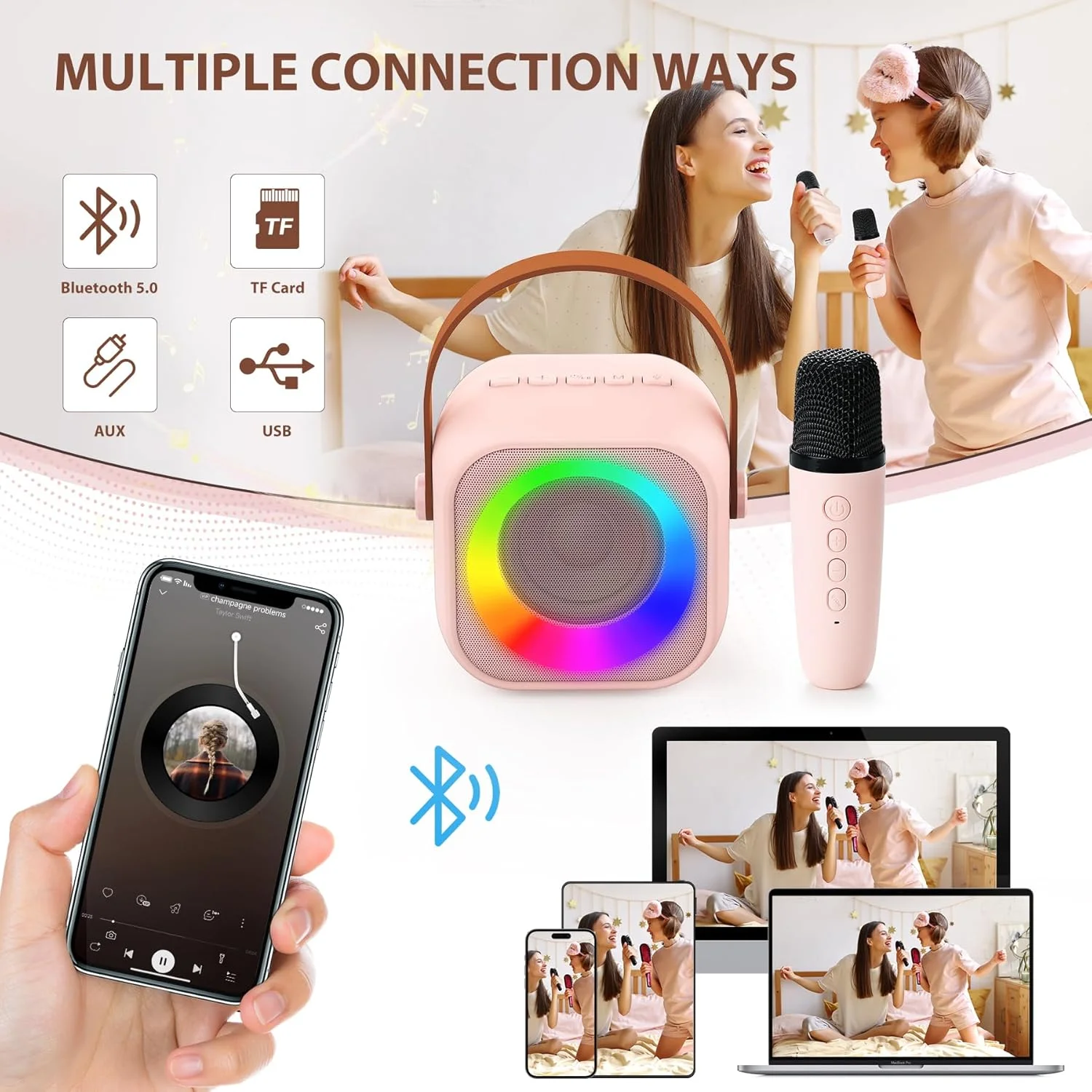 میکروفون کارائوکه بی سیم برای کودکان، اسباب بازی برای دختران 3-12 ساله، دستگاه کارائوکه کوچک برای کودکان، هدیه تولد کریسمس برای نوجوانان 5-11 ساله