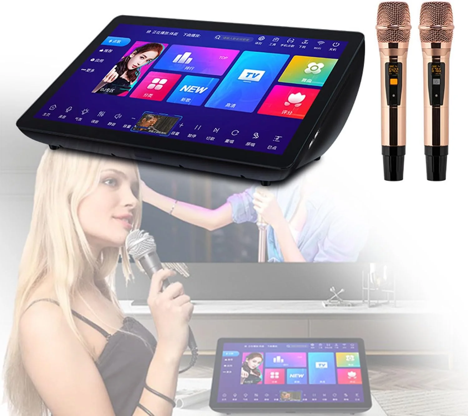 دستگاه کارائوکه 19.5 اینچی با صفحه لمسی خازنی، میکروفون بی سیم، عملکرد تقویت کننده صدا، حافظه 4 ترابایتی، کنترل صوتی هوشمند