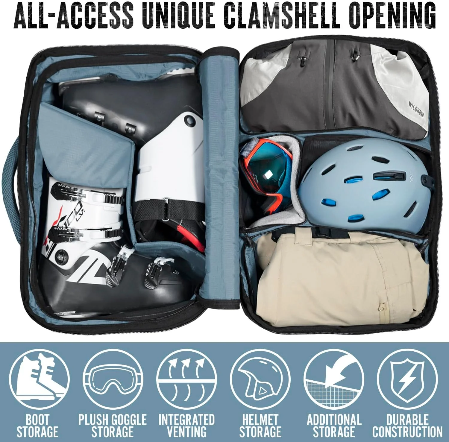 کیف حمل چکمه اسکی و کوله پشتی اسنوبرد Wildhorn Brimhall - تامین کننده رسمی تیم اسکی ایالات متحده - کیف کوله پشتی چکمه اسکی مسافرتی ضد آب بادوام و عالی برای چکمه، کلاه ایمنی، عینک و لباس بیرونی