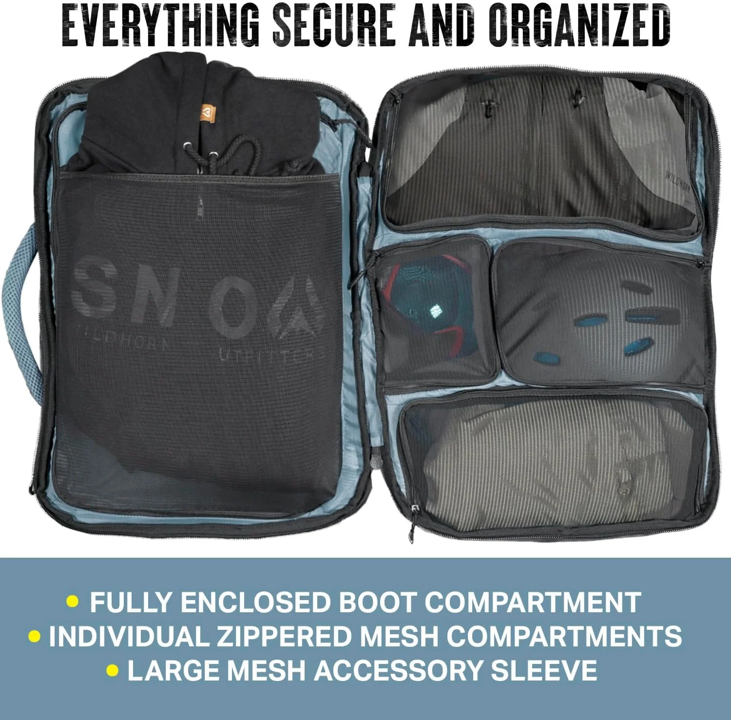 کیف حمل چکمه اسکی و کوله پشتی اسنوبرد Wildhorn Brimhall - تامین کننده رسمی تیم اسکی ایالات متحده - کیف کوله پشتی چکمه اسکی مسافرتی ضد آب بادوام و عالی برای چکمه، کلاه ایمنی، عینک و لباس بیرونی