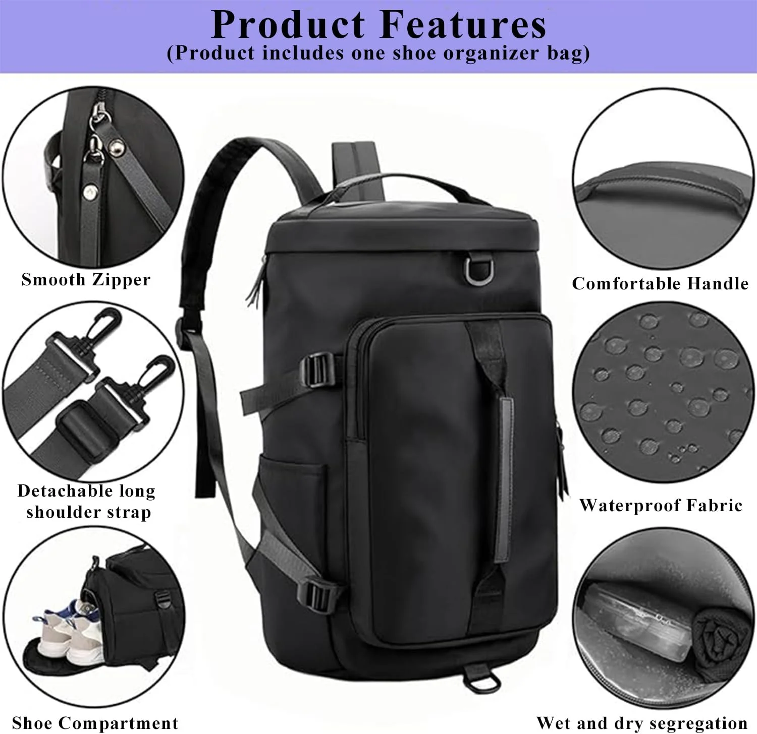 کوله پشتی مسافرتی فضای باز، کوله پشتی ورزشی خشک و مرطوب 3 در 1، کیف ورزشی قابل حمل یوگا زنانه 3 در 1 با محفظه کفش، مناسب برای مسافرت، فضای باز، یوگا. (مشکی)