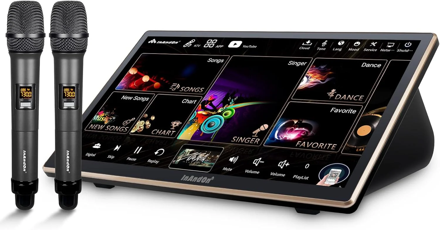 سیستم کارائوکه چینی InAndOn 2024 با میکروفون بی سیم، صفحه لمسی خازنی 18.5 اینچی، کتابخانه ابری 650 هزار آهنگ، پخش آنلاین یوتیوب، 4 ترابایت