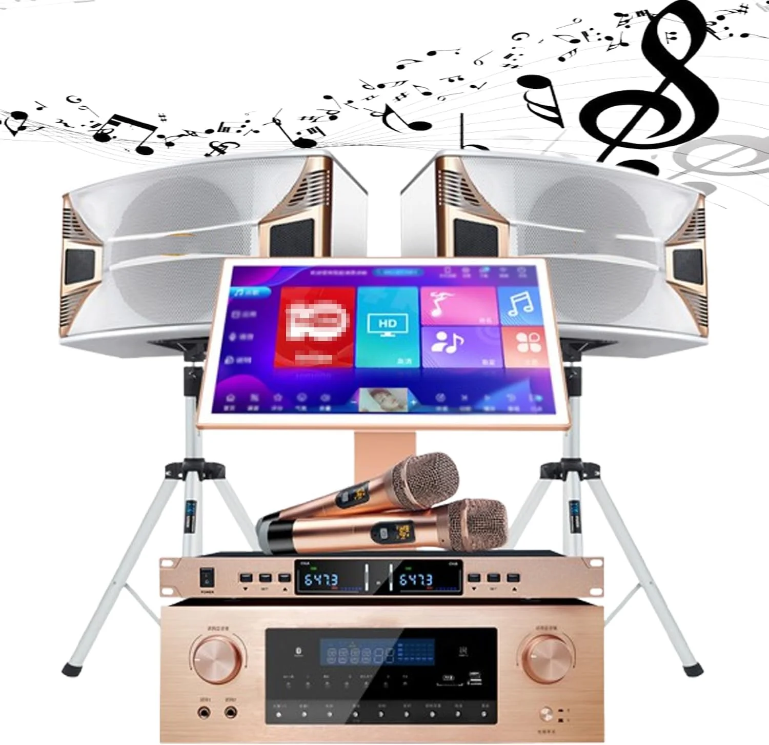 دستگاه کارائوکه صفحه لمسی 19.5 اینچی با هوش مصنوعی و درخواست آهنگ صوتی، حافظه هارد دیسک 1 ترابایتی / آمپلی فایر 550 واتی با 2 میکروفون بی سیم ریورب و 2 بلندگو برای کلوپ های تفریحی و سرگرمی خانوادگی